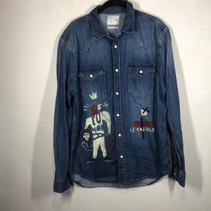 Zara Man Milicia Grafica denim snap button shirt L